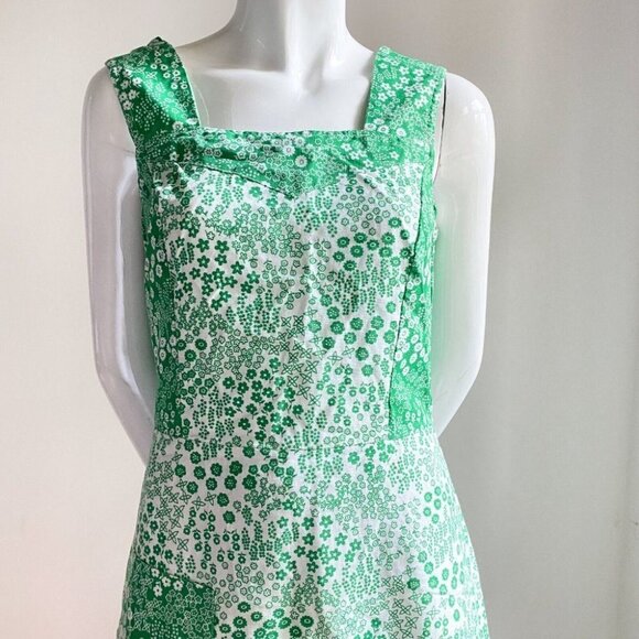 Vintage Cottage Core Micro Chintz Floral Emerald Green  Ruffle Hem Midi Dress S - Picture 2 of 8
